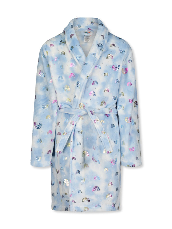 Girls Rainbow Foil Plush Fleece Shawl Collar Robe with Matching Fleece Slippers - Sleep On It Kids