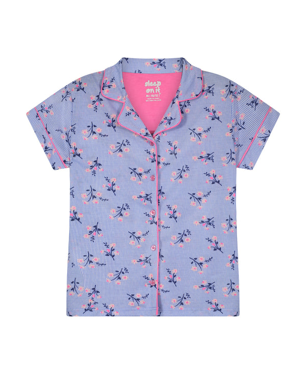 Girls Pinstripe Blossom 2-Piece Coat Pajama Sleep Set With Matching Scrunchie - Sleep On It Kids