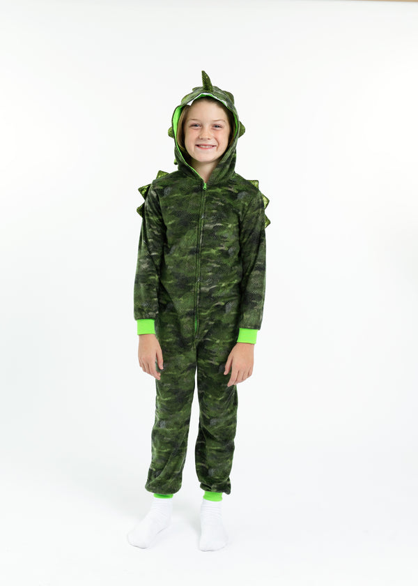 Boys Camo Dino Zip-Up Hooded Sleeper Pajama with Built Up 3D Character Hood - Sleep On It Kids