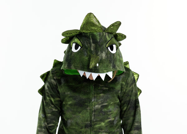 Boys Camo Dino Zip-Up Hooded Sleeper Pajama with Built Up 3D Character Hood - Sleep On It Kids