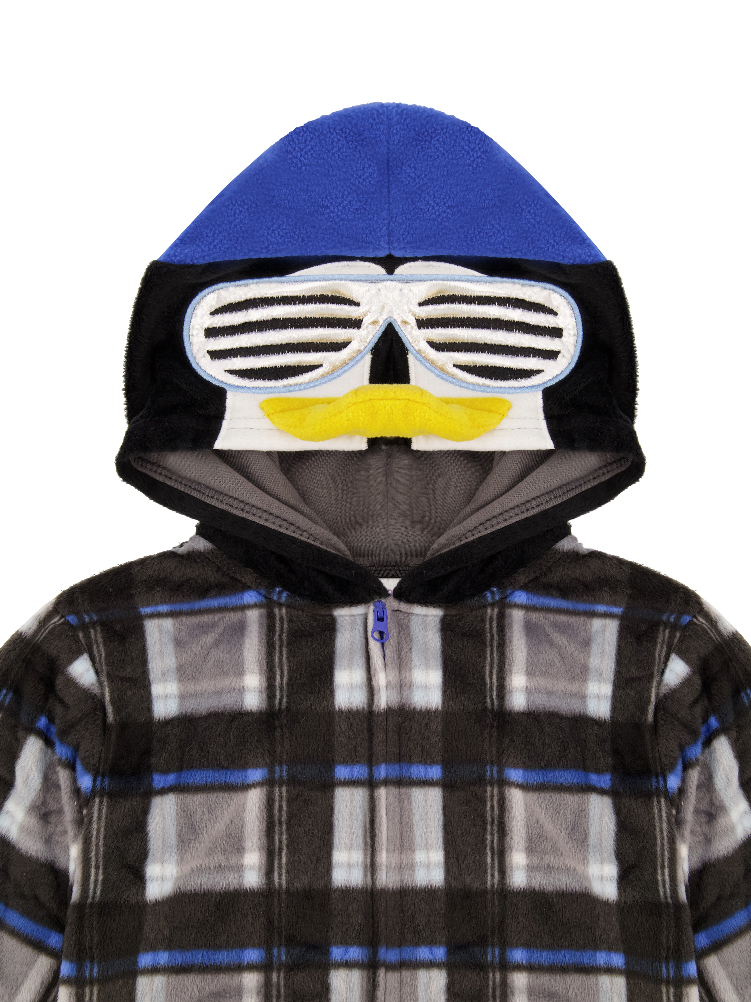 Boys Cool Penguin Zip-Up Hooded Sleeper Pajama with Built Up 3D Character  Hood