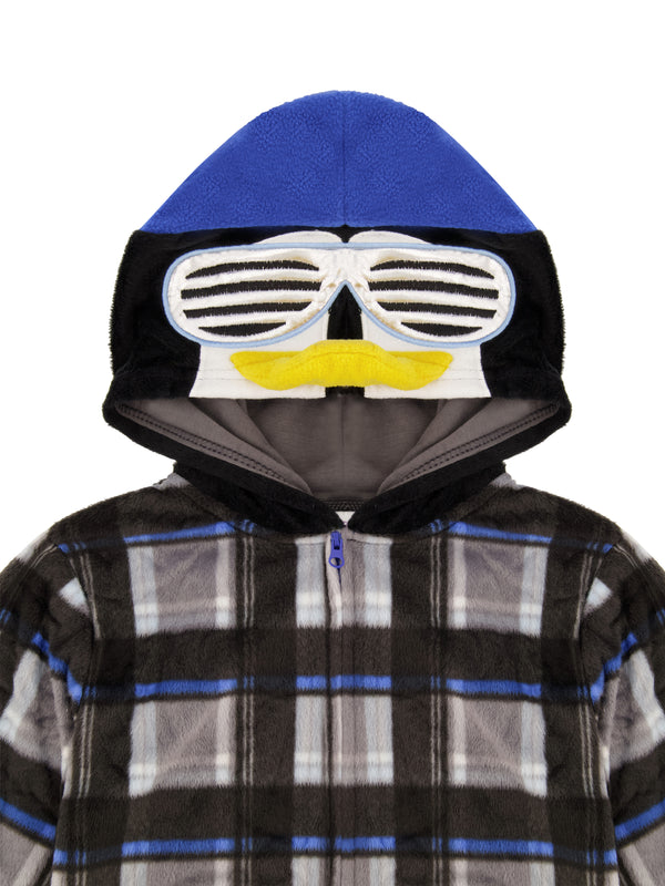 Boys Cool Penguin Zip-Up Hooded Sleeper Pajama with Built Up 3D Character Hood - Sleep On It Kids