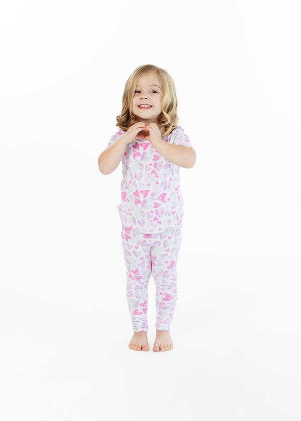 Girls Watercolor Hearts Snug Fit 2-Piece Pajama Sleep Set - Sleep On It Kids