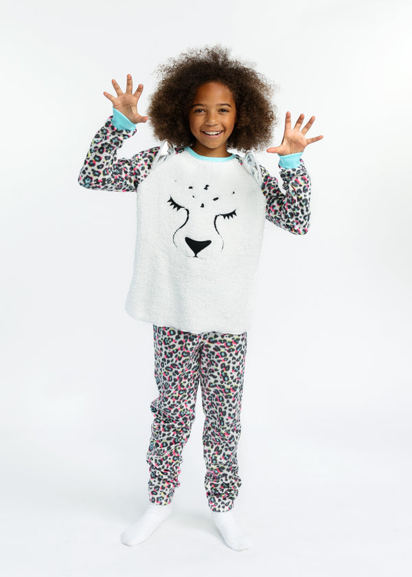 Girls Fuzzy Leopard Soft Novelty Fleece 2-Piece Pajama Sleep Pant Set - Sleep On It Kids
