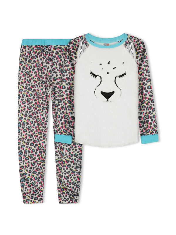 Girls Fuzzy Leopard Soft Novelty Fleece 2-Piece Pajama Sleep Pant Set - Sleep On It Kids
