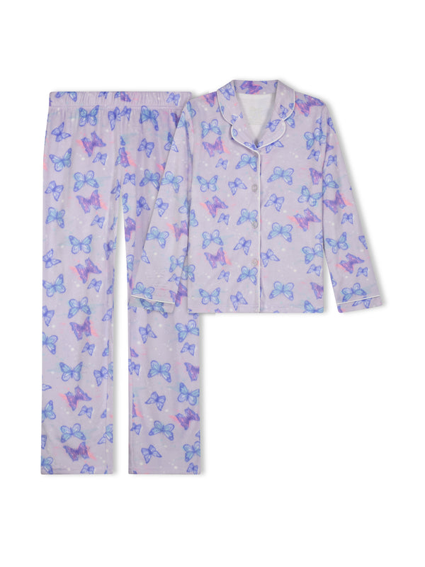 Girls Butterflies 2-Piece Button Up Fleece Coat Pajama Sleep Set - Sleep On It Kids