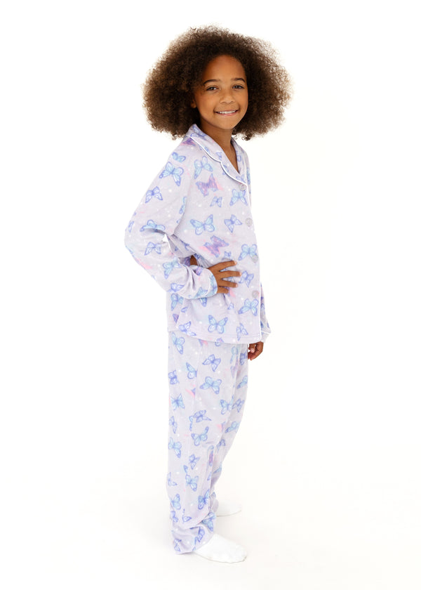Girls Butterflies 2-Piece Button Up Fleece Coat Pajama Sleep Set - Sleep On It Kids