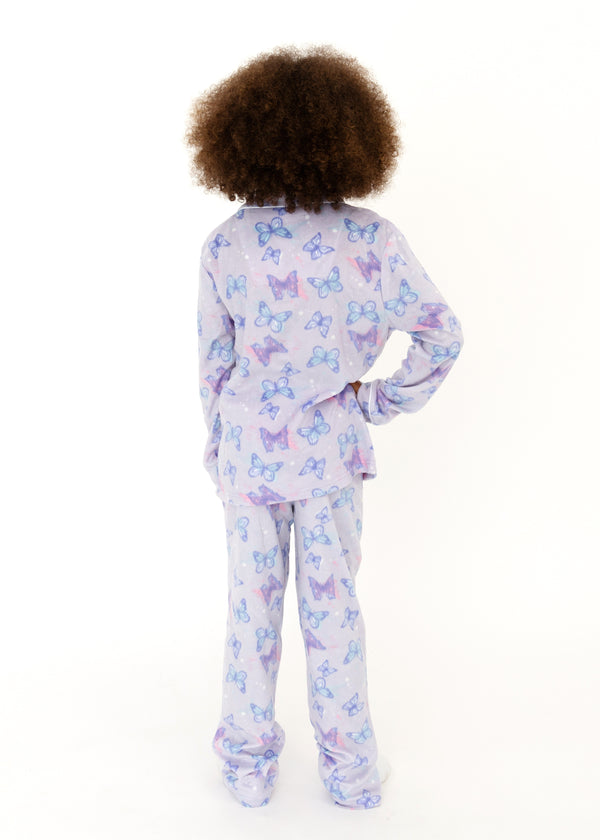 Girls Butterflies 2-Piece Button Up Fleece Coat Pajama Sleep Set - Sleep On It Kids