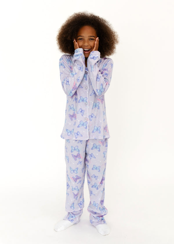 Girls Butterflies 2-Piece Button Up Fleece Coat Pajama Sleep Set - Sleep On It Kids