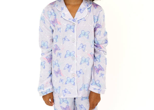 Girls Butterflies 2-Piece Button Up Fleece Coat Pajama Sleep Set - Sleep On It Kids
