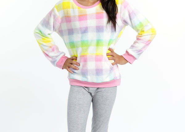 Girls Rainbow Checkerboard Plush Fleece 2-Piece Legging Pajama Sleep Set - Sleep On It Kids