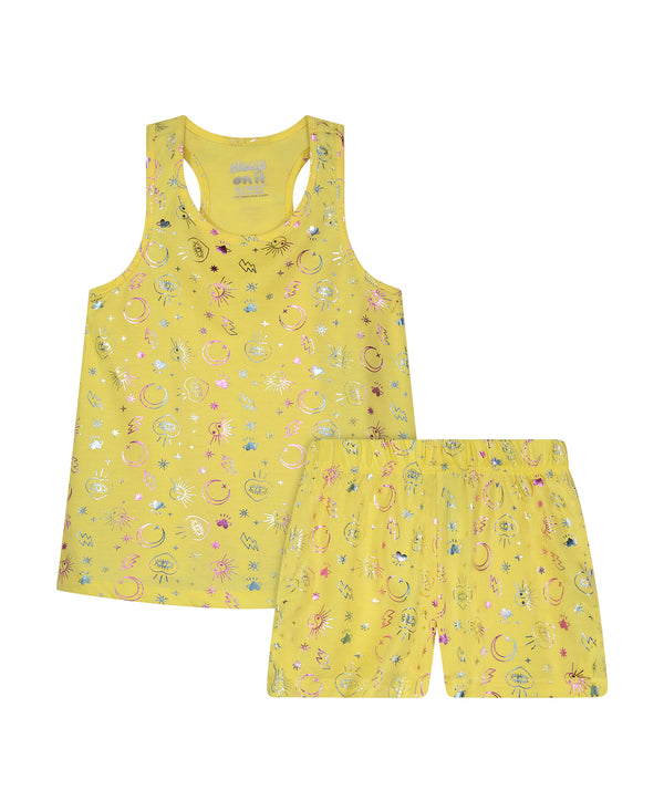 Girls Yellow Celestial 2-Piece Tank Pajama Shorts Sleep Set - Sleep On It Kids