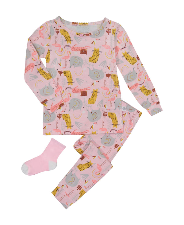 Infant/Toddler Girls Animal Zoo Snug Fit 2-Piece Pajama Sleep Set With Matching Socks - Sleep On It Kids