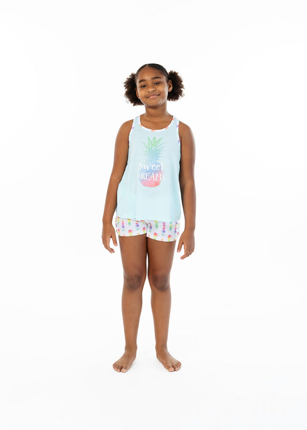 Girls Sweet Pineapple Dreams 2-Piece Tank Pajama Shorts Sleep Set - Sleep On It Kids