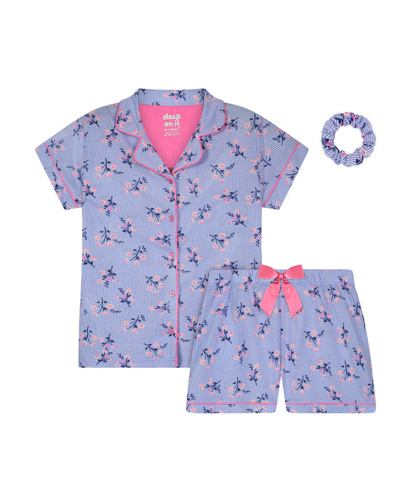Girls Pinstripe Blossom 2-Piece Coat Pajama Sleep Set With Matching Scrunchie - Sleep On It Kids